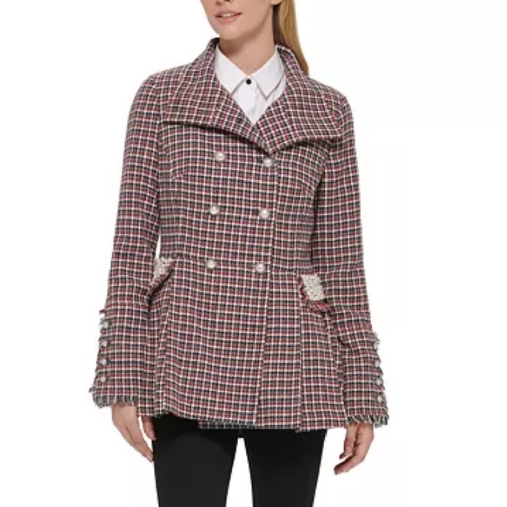 KARL LAGERFELD Red Black Tweed Double-Breasted Coat Pearls Fringe Paris L Party